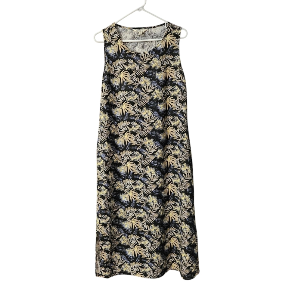 Briggs Linen Blend Tropical Print Dress Women's Medium Sleeveless Pockets Black